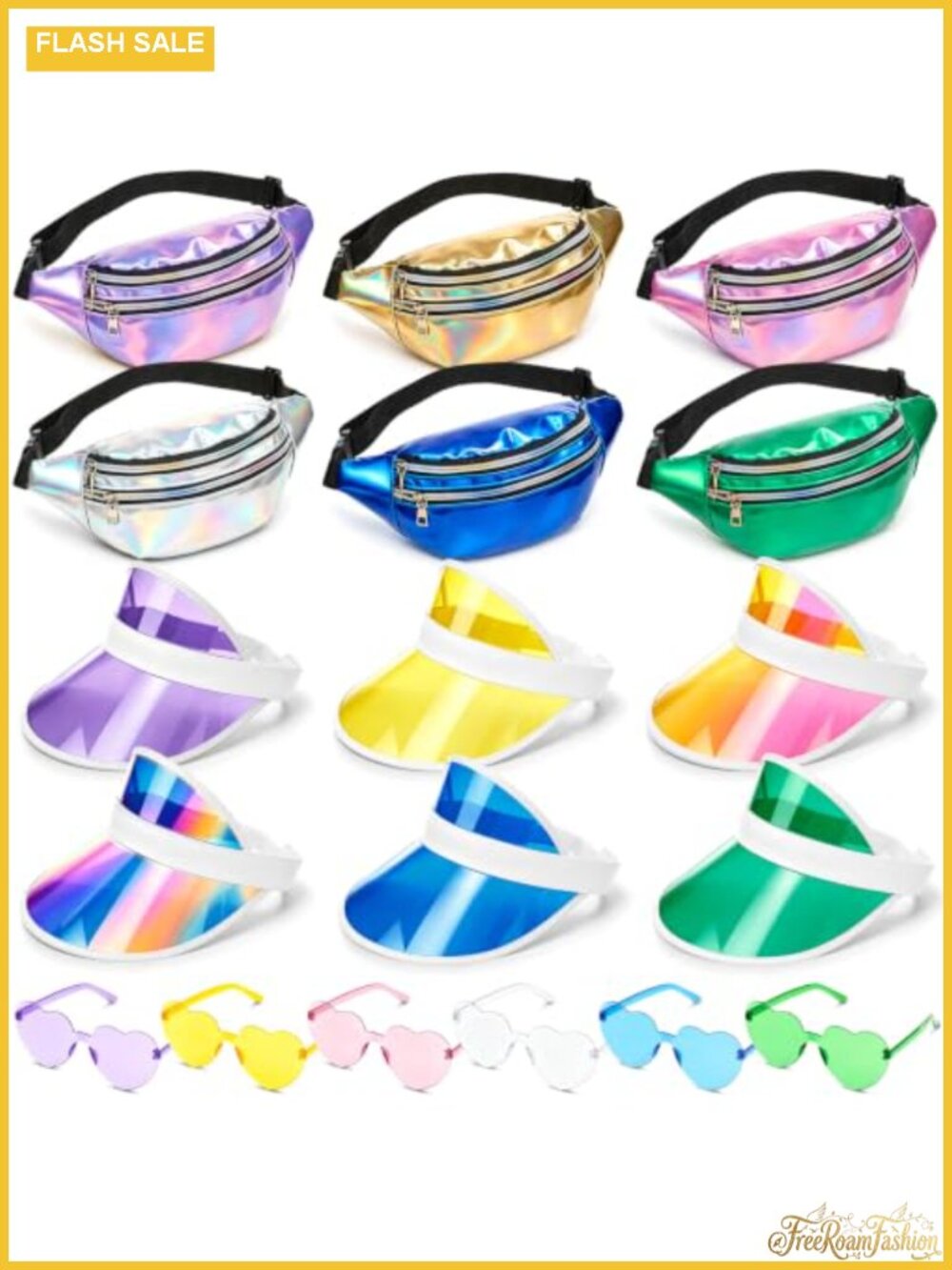 Holographic Fanny Pack Set Heart Sunglasses Sun Visor Hats Rave Party